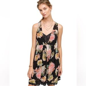 Anthropologie Maeve Sleeveless Black Floral Sheer Babydoll Slip Bohemian Dress L